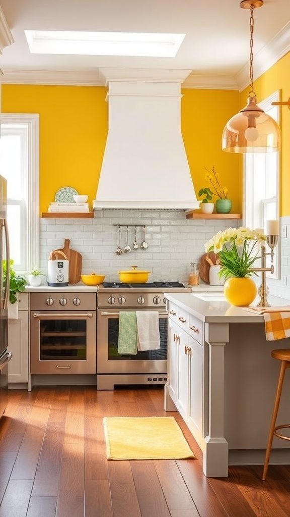 A bright kitchen featuring sunny lemon yellow walls and rose gold accents.