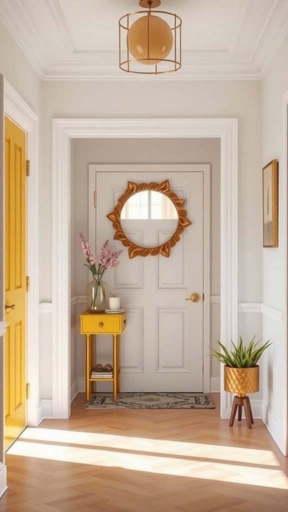 A bright hallway featuring mustard yellow accents and rose gold decor.