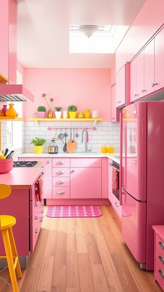 A vibrant kitchen with pink cabinets and sunny yellow accents.