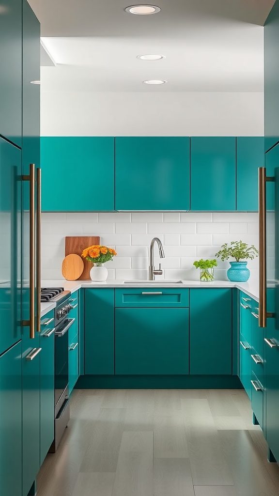 A modern kitchen featuring teal blue cabinets, bright flowers, and a clean aesthetic.