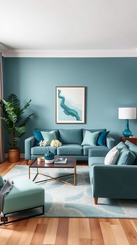 A beautifully decorated living room featuring teal and turquoise furnishings.