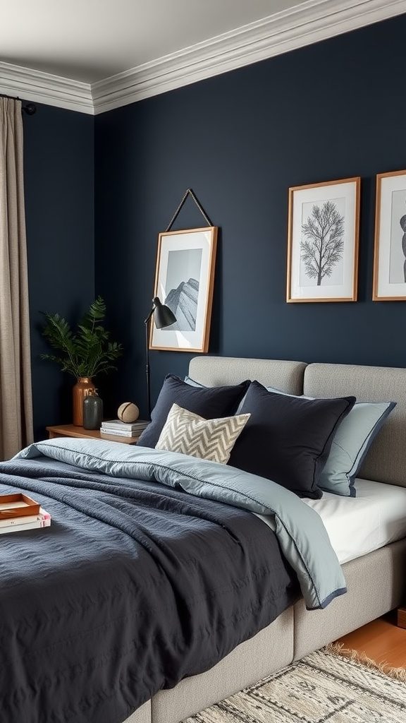 A cozy bedroom with navy blue walls, charcoal bedding, and elegant decor.