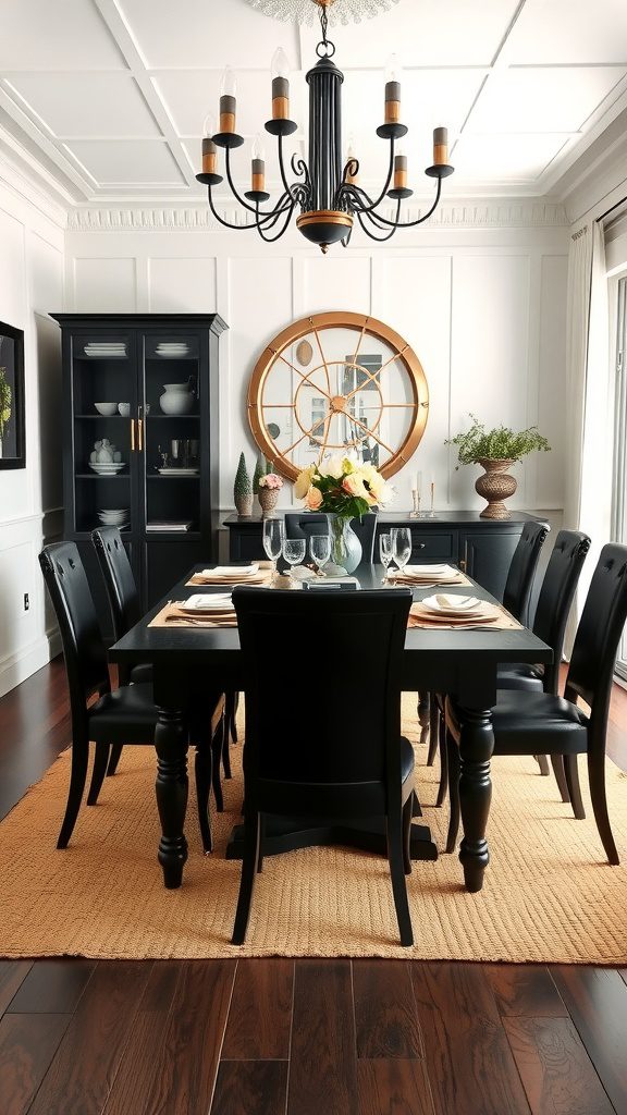 A dining room featuring black furniture, gold accents, and warm lighting.