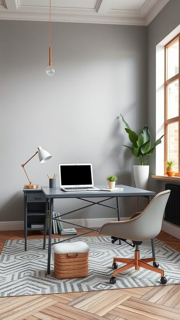 A modern home office featuring a gray desk, a laptop, and decor that complements rose gold accents.