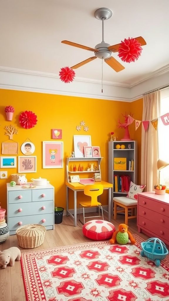 A room featuring mustard yellow walls and coral decorations, showcasing vibrant home decor.
