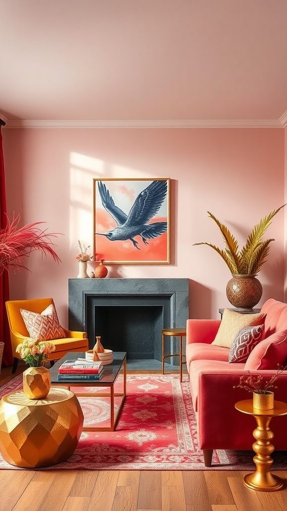 Cozy living room featuring coral accents and gold decor elements.