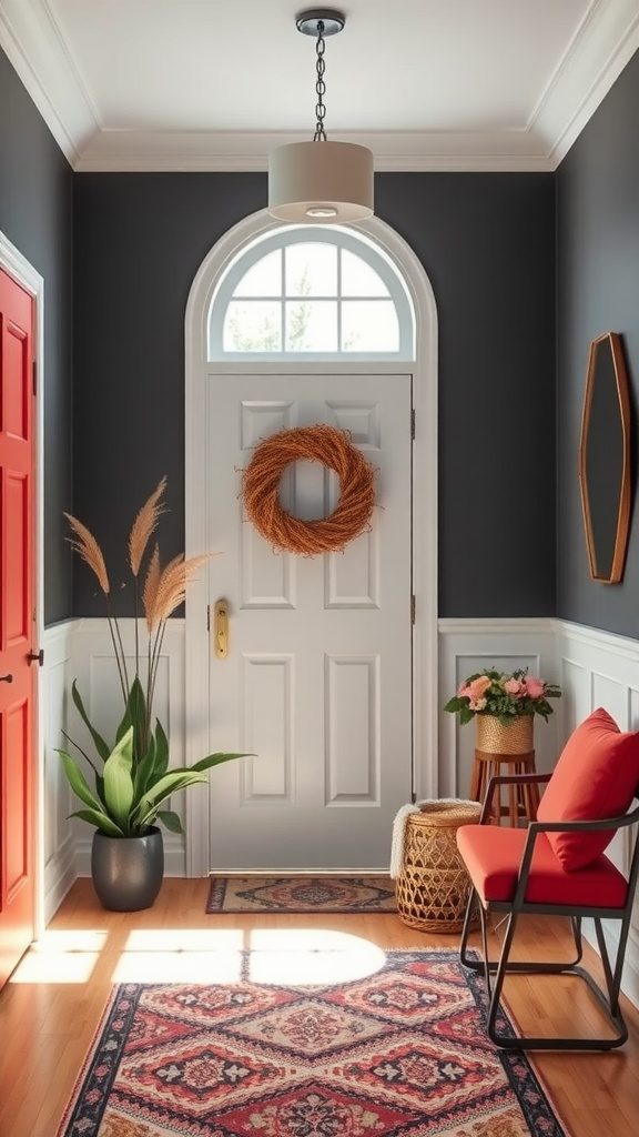 A welcoming entryway with charcoal gray walls, coral accents, and stylish decor.