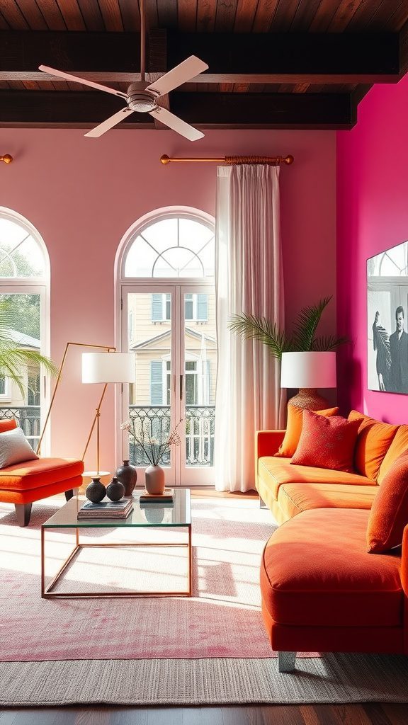 A living room featuring burnt orange furniture and vibrant fuchsia walls, showcasing a lively and modern aesthetic.