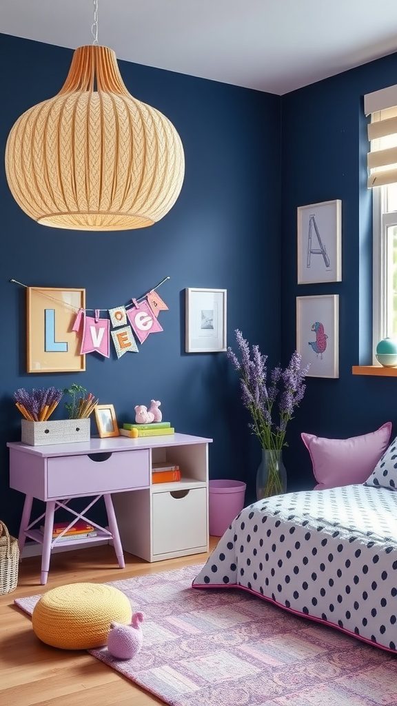 A cozy room featuring navy blue walls, lavender accents in decor, and playful furnishings.