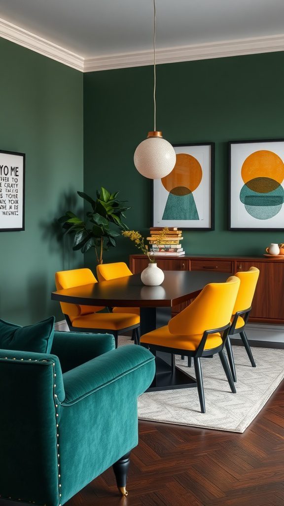 A dining area featuring forest green walls contrasted by mustard yellow chairs, creating a vibrant and inviting atmosphere.