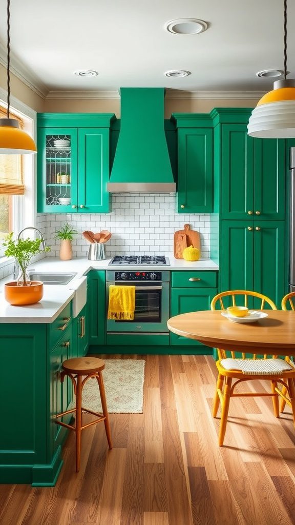Kitchen featuring emerald green cabinets and mustard yellow accents.