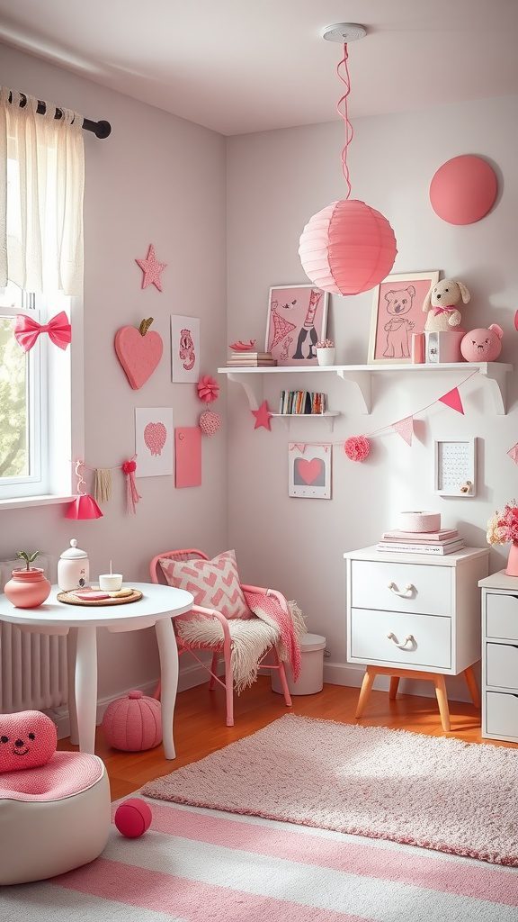 A stylish room with various shades of pink, featuring a playful decor theme.
