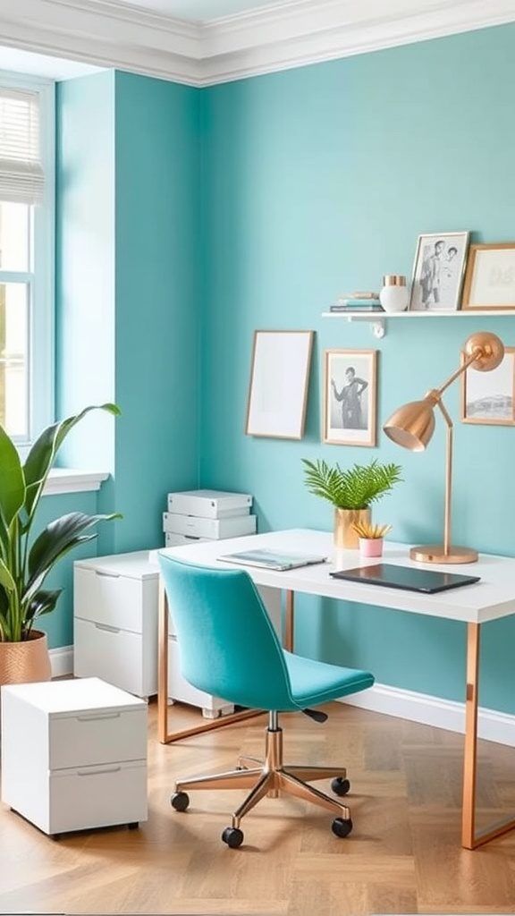 A bright and inviting home office with teal walls and rose gold accents.