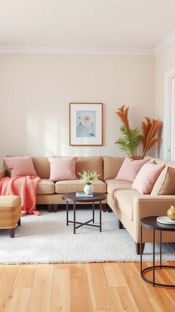 Cozy living room with beige couch and pink accents