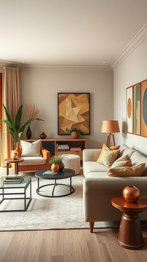 Cozy living room featuring warm beige tones and copper decor accents.