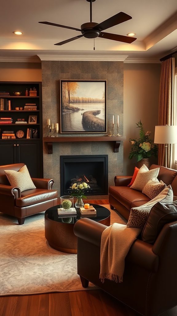A cozy living room with chocolate brown furniture and gold accents.
