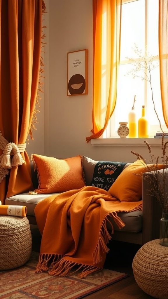 A cozy living room featuring warm cinnamon hues with mustard yellow accents.