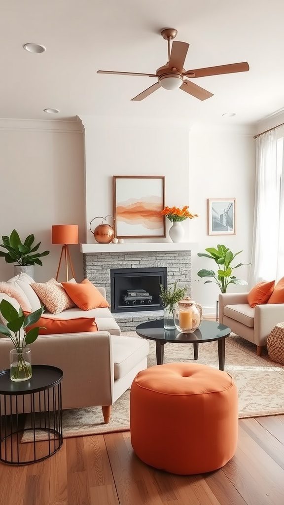 Living room decorated with burnt orange, coral, and peach accents.