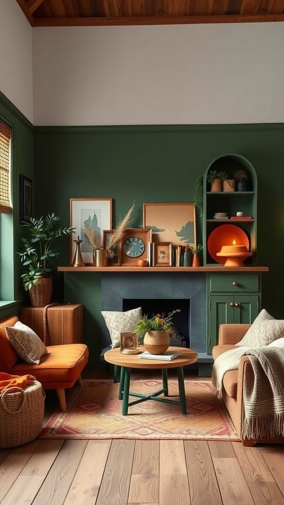 A cozy living room featuring forest green walls, warm earth tone furniture, and natural elements.