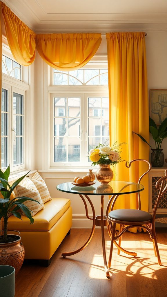 A bright room with honey yellow curtains and decor, complemented by copper accents.