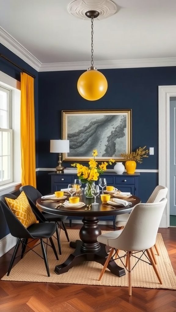 A dining area featuring navy blue walls and warm mustard yellow accents in decor and furnishings.