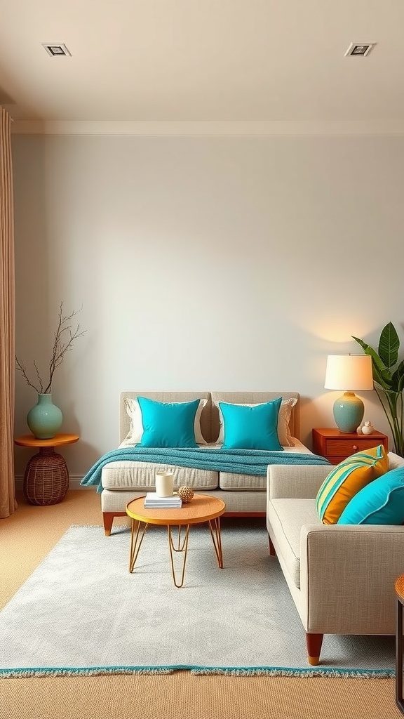 A living room featuring turquoise accents with warm neutral furniture and decor.