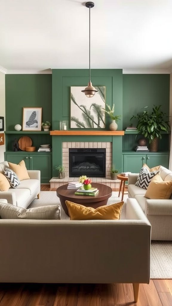 A living room with hunter green walls, white sofas, and warm neutral accents.