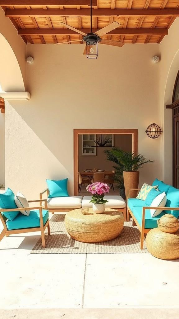 A stylish outdoor seating area featuring turquoise cushions and warm sand tones in furniture.