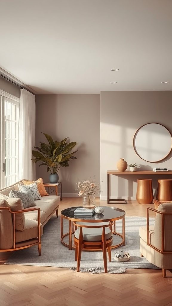 Living room featuring warm taupe walls and rose gold accents.
