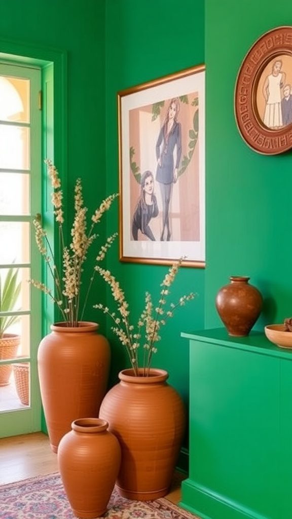 A room with emerald green walls complemented by terracotta pots and decor.