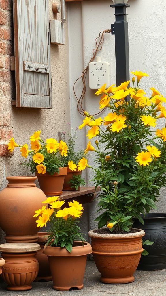 Terracotta pots and yellow flowers in a warm outdoor setting.