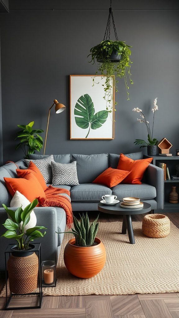 Living room decor featuring a charcoal gray sofa with warm terracotta pillows and accents.