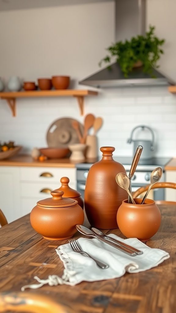 A cozy kitchen with terracotta pots and utensils on a wooden table.