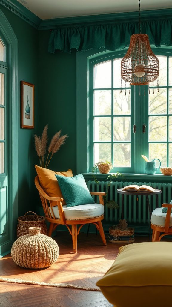 A cozy room featuring emerald green walls and warm yellow ochre cushions.