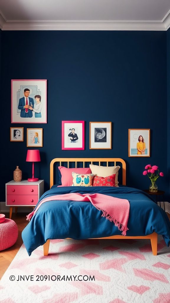 A cozy bedroom featuring a navy blue wall, a wooden bed with blue and pink bedding, and pink accents in decor.