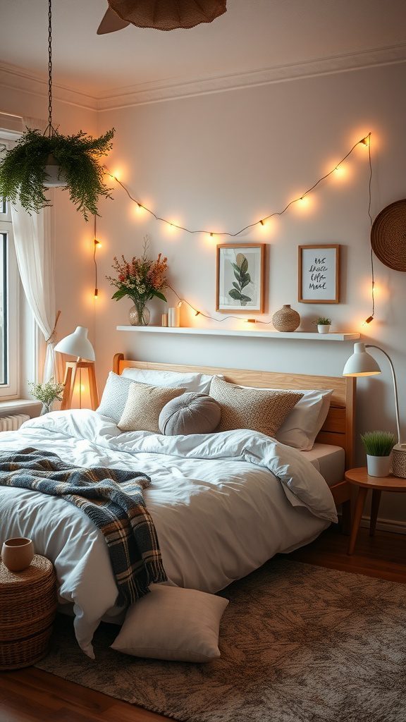 Cozy Scandinavian bedroom with warm lighting and soft textiles.