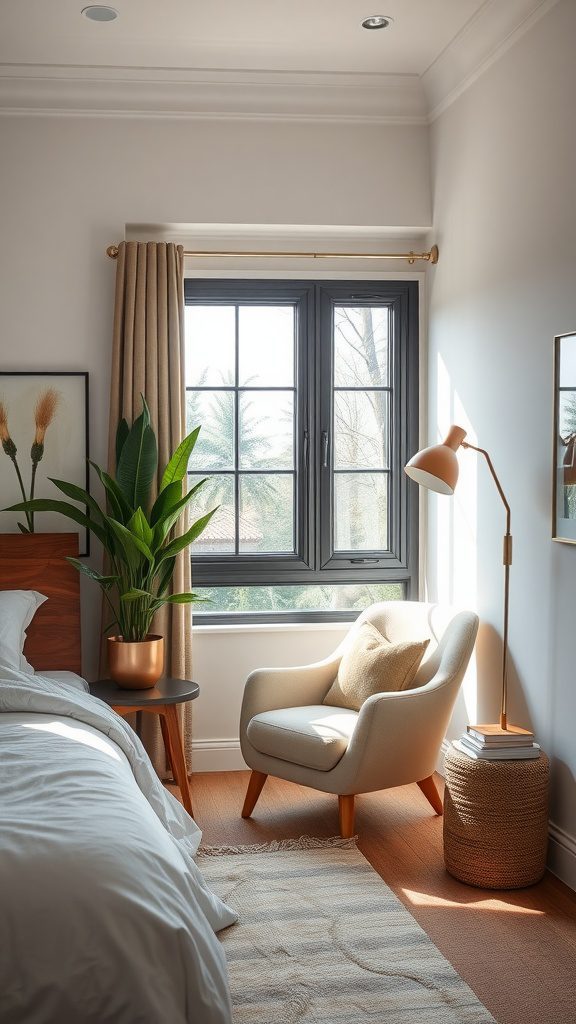 A cozy bedroom corner featuring a soft accent chair, a plant, and a lamp by the window.