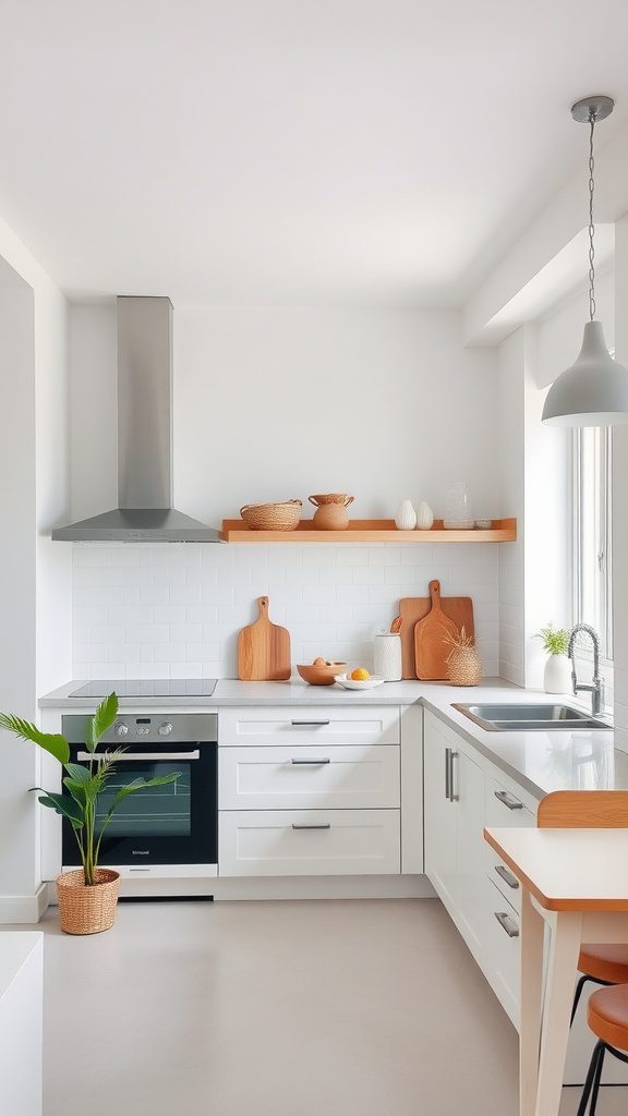 Minimalist kitchen with accent colors and natural elements