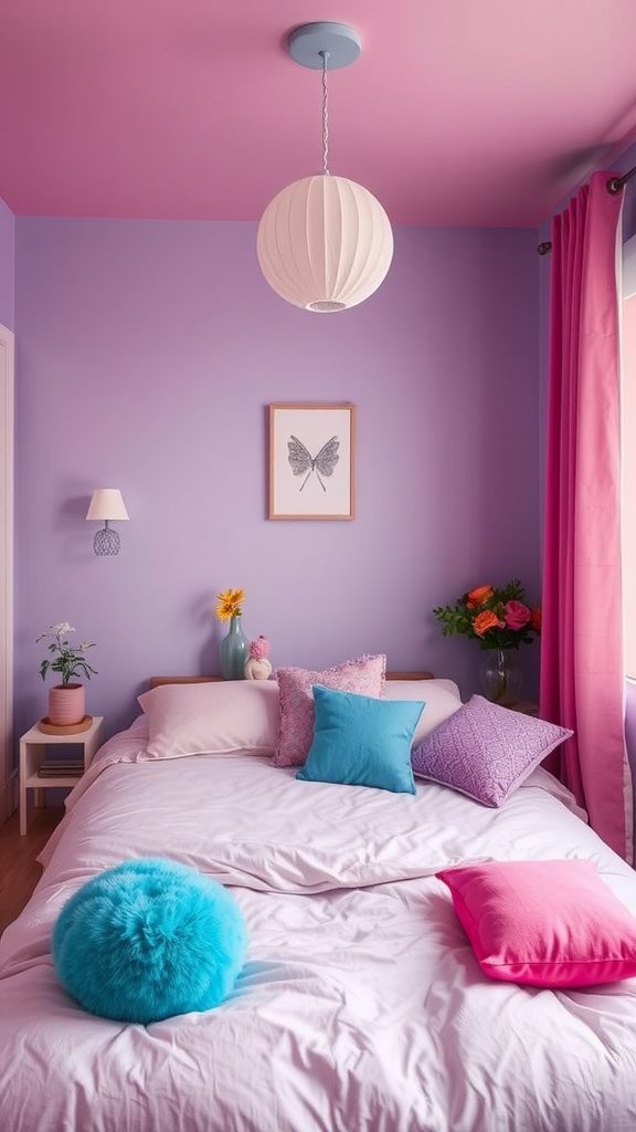 A small bedroom featuring a mix of pastel purple and pink walls, colorful pillows on the bed, and floral decorations.