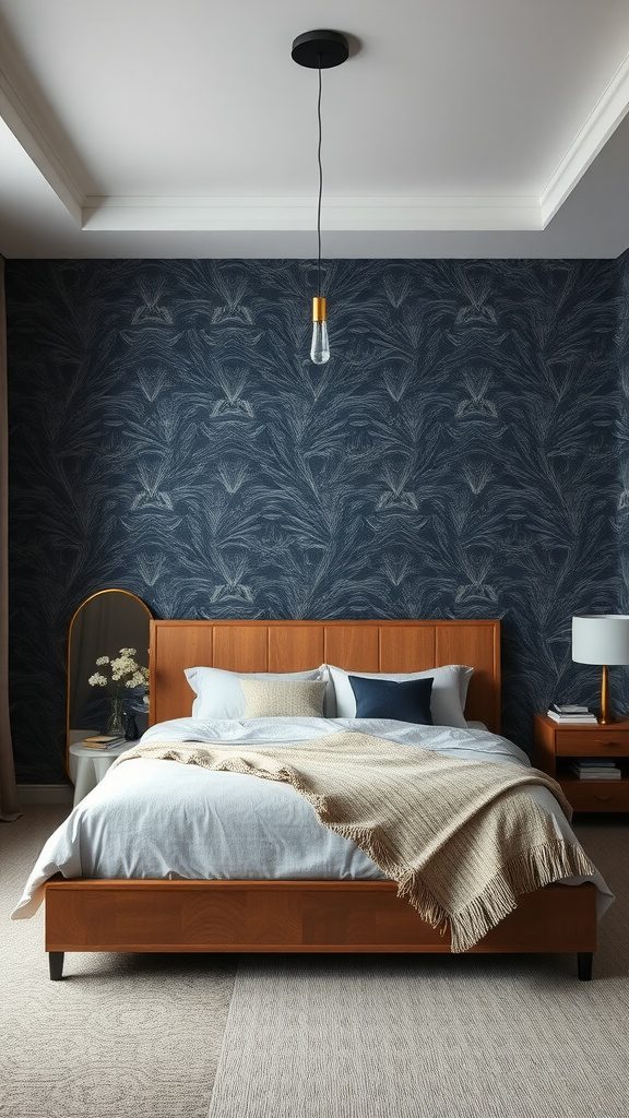 Cozy master bedroom featuring a dark patterned accent wall, wooden bed frame, and soft bedding.