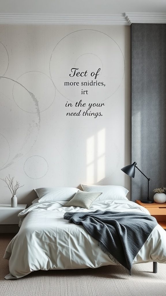 A Scandinavian bedroom featuring an accent wall with texture and a cozy bed setup.