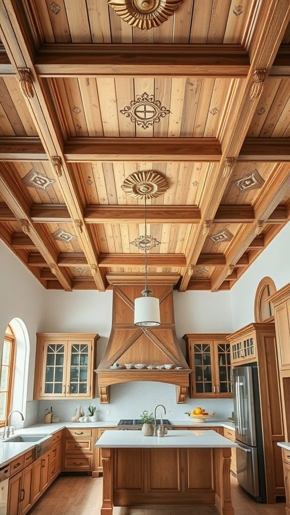 A beautifully designed kitchen featuring a wooden coffered ceiling with intricate details.