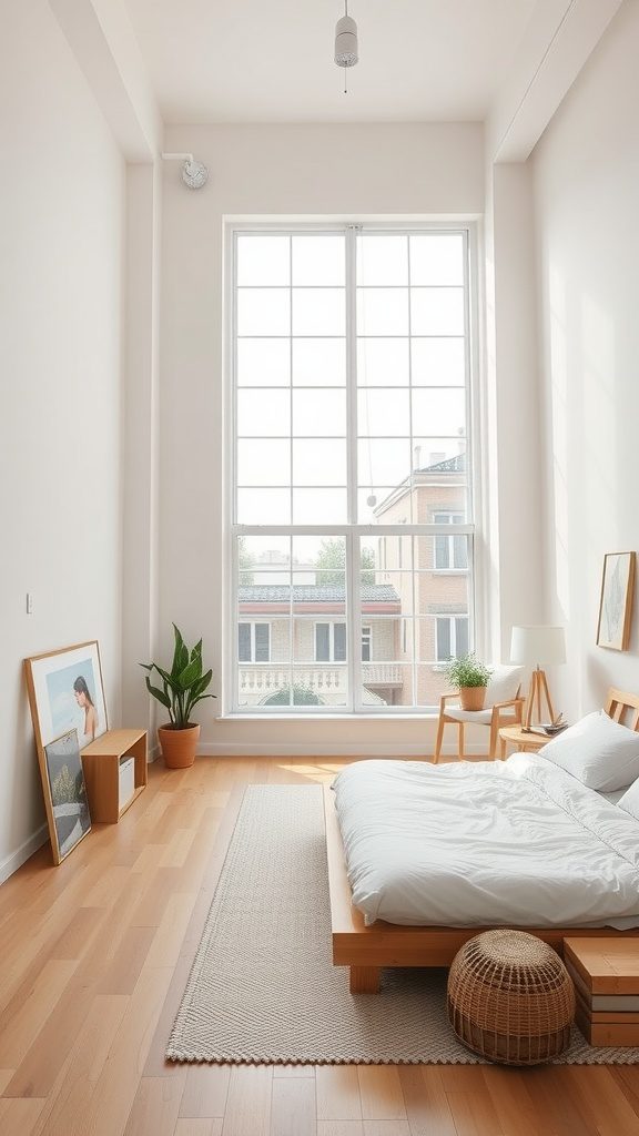 Minimalist bedroom with large windows and simple decor in an airy loft space.