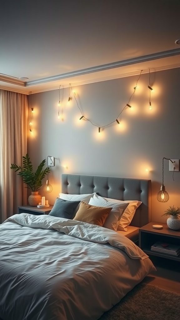 Cozy master bedroom with ambient lighting from string lights and pendant lamps