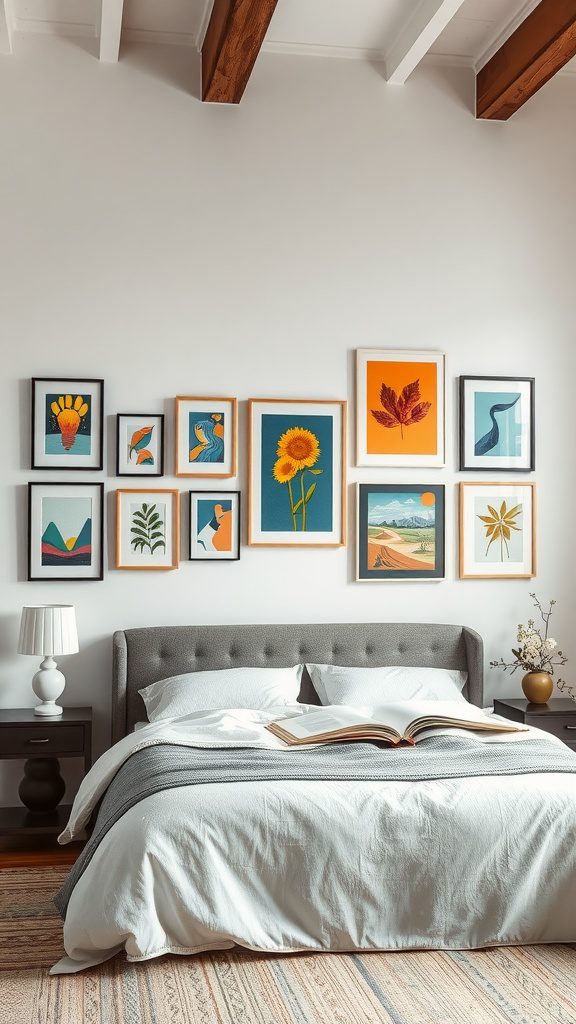 A modern bedroom with a stylish art display wall featuring various framed artworks above a cozy bed.