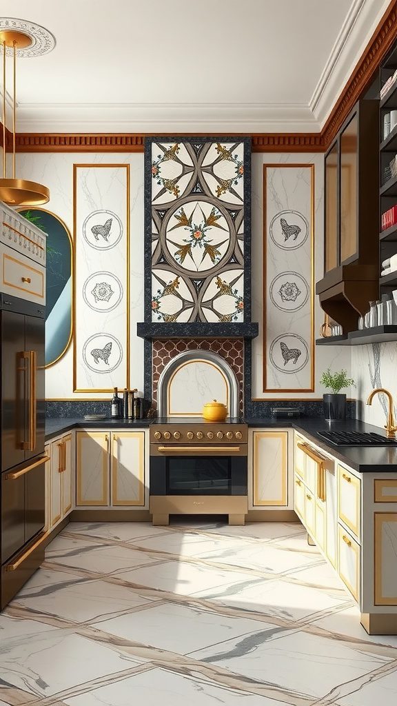 Luxurious kitchen design featuring Art Deco elements with marble surfaces and elegant patterns.