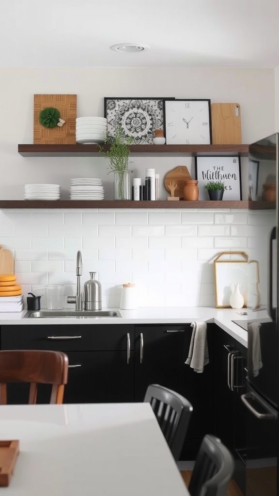 A minimalist kitchen featuring open shelving with decorative items and plates.