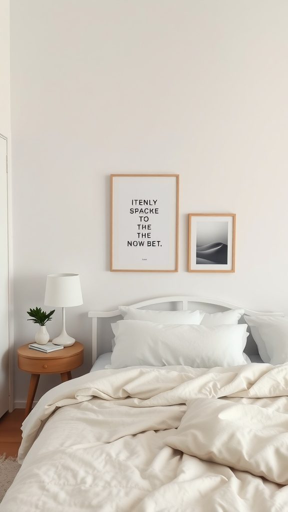 A minimalistic bedroom featuring a bed with white bedding, a nightstand with a lamp, and two framed artworks on the wall.