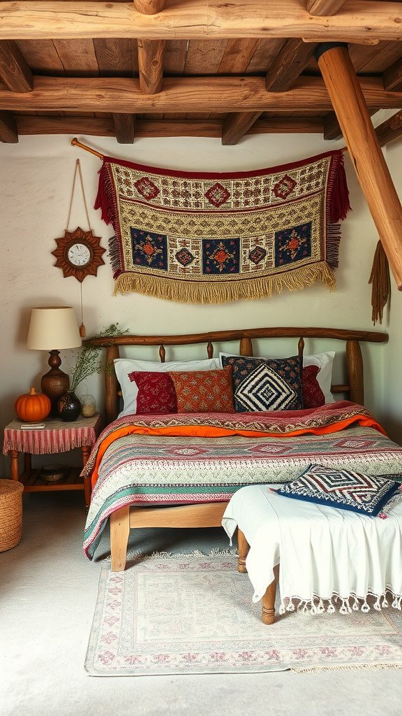 Cozy rustic bedroom featuring artisan handmade textiles, including colorful throws and decorative pillows.
