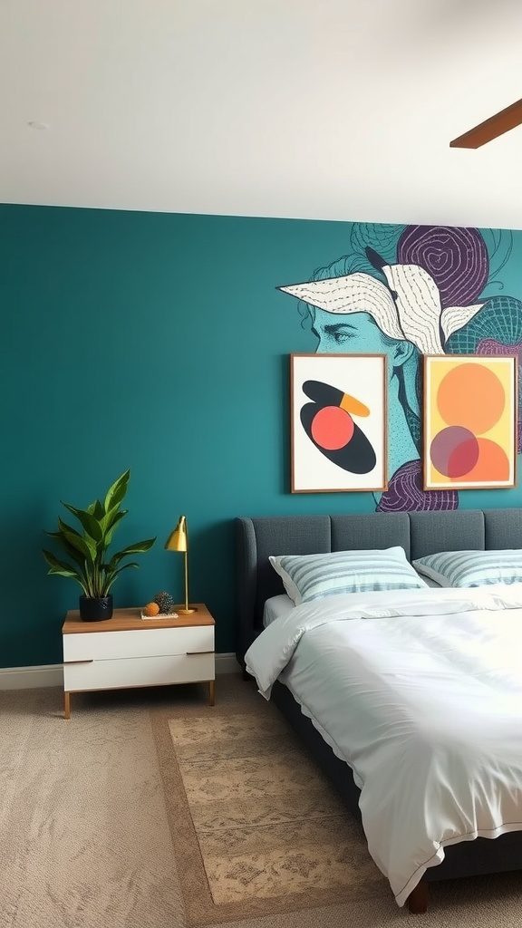 A luxurious bedroom featuring an artistic teal accent wall with framed artwork, modern furniture, and a cozy bed.